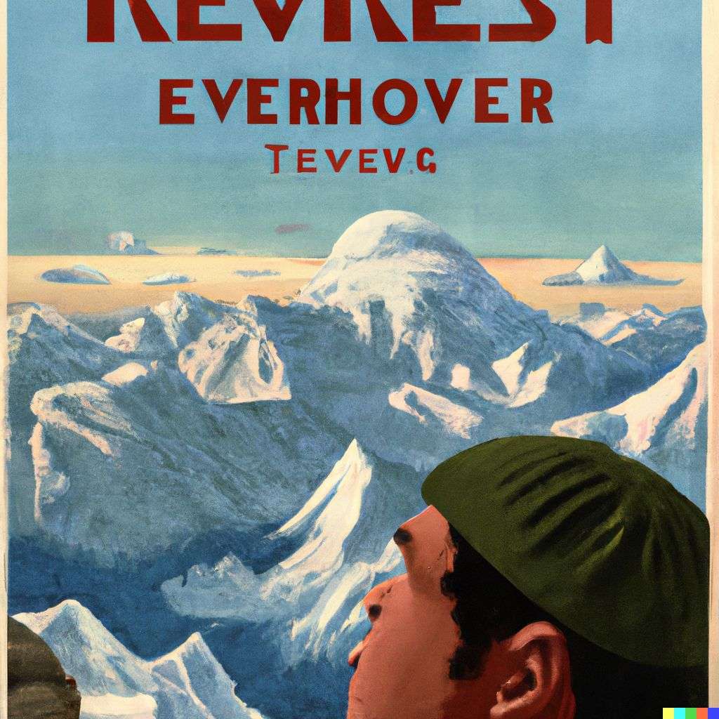someone gazing at Mount Everest, movie poster from the '20s